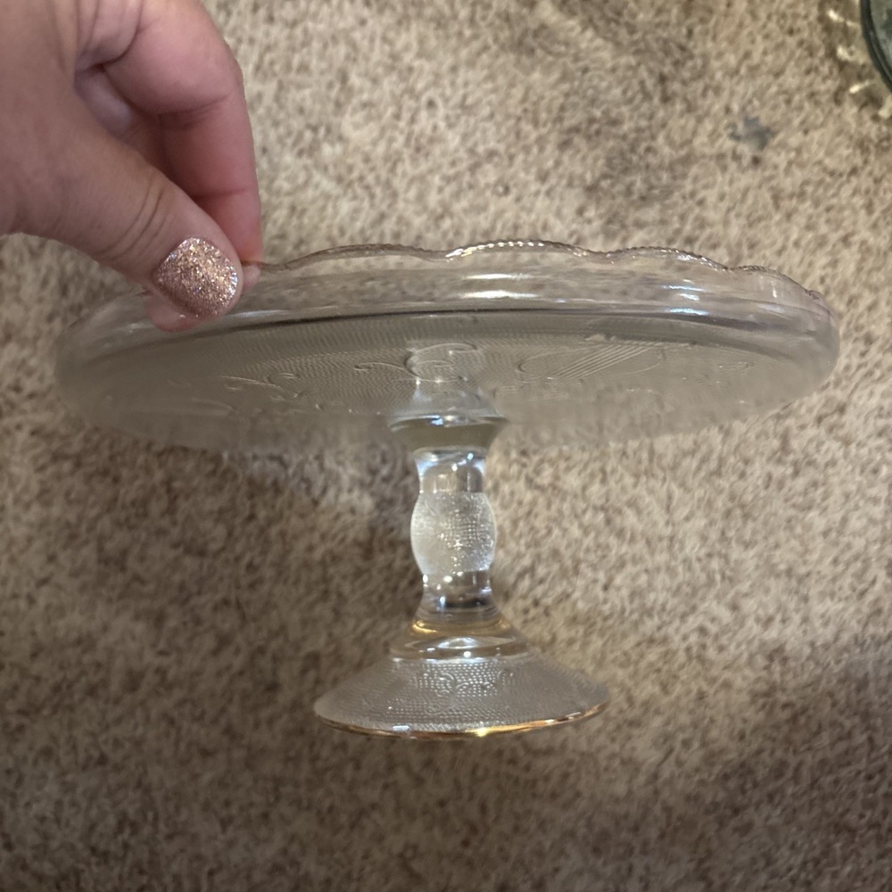 Vintage Jeannette Clear Pressed Glass 10" Pedestal Cake Stand Plate Harp Pattern